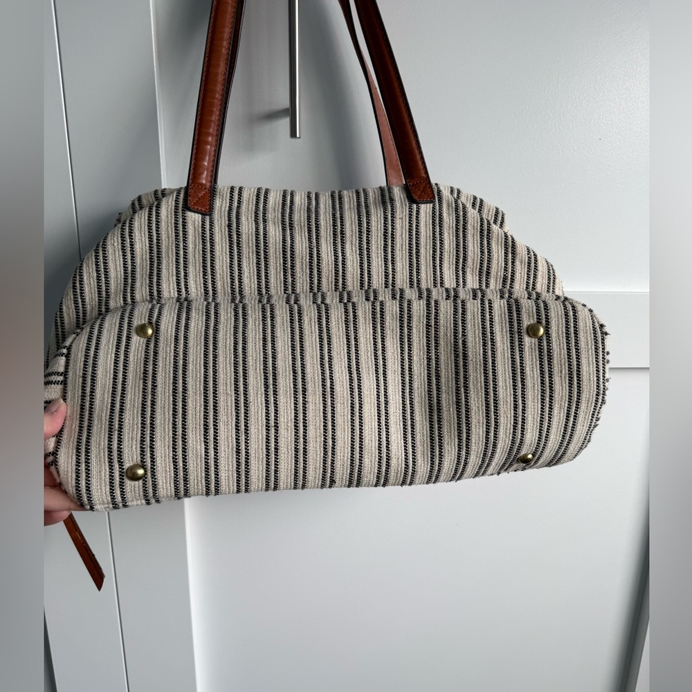 Street Level Striped Tote Bag with Brown Handles - Picture 3 of 5